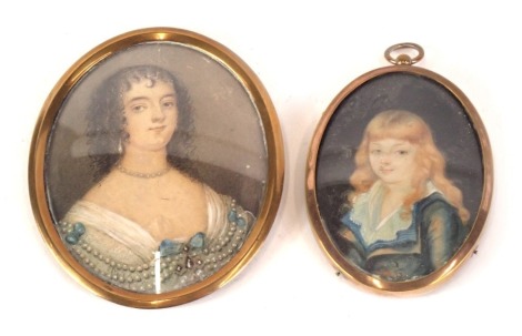 A 19thC oval miniature, head and shoulders portrait of a maiden and another blue jacket. (2)