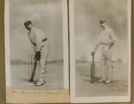 An early 20thC cricket album and other sporting photographs, some signed, images to include W.G Grace, England versus South Africa 1912, prints of Ranjitsinhji with signature later applied with small individual snap shots and some press type photographs o