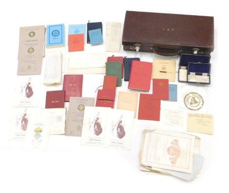 A Masonic case, initialled EWU, containing a quantity of various Masonic ephemera, etc. (a quantity)