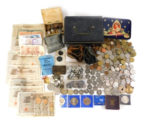 Pre decimal coinage, comprising pennies, half pennies, military buttons, threepence silver bracelet, miscellaneous Singapore and German banknotes, etc. (1 tray)