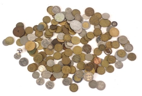 Miscellaneous foreign coinage, to include pesos, threepenny bits, franks, euros, etc. (1 box)