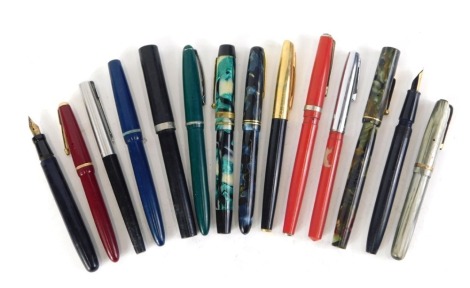 A collection of fountain pens and biros, comprising Queensway, Sheaffer, marble finish Burnham, Parker, Conway Stewart, Waterman, and others. (a quantity)