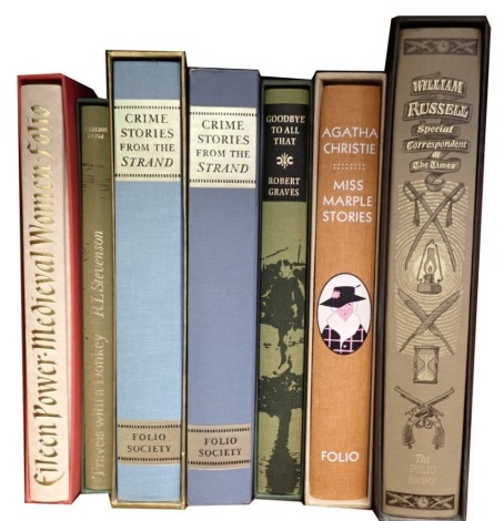 Folio society. Crime Stories from The Strand (2 volumes), Travels with a Donkey, Eileen Power Medieval Women, Goodbye to All That, Agatha Christie Miss Marple's Stories, William Russell Special Correspondent of the Times. (7)