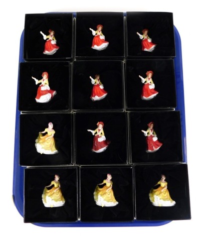 Twelve Royal Doulton miniature ladies, comprising eight Festive Joy, M224, and four Ninette, M206, boxed.