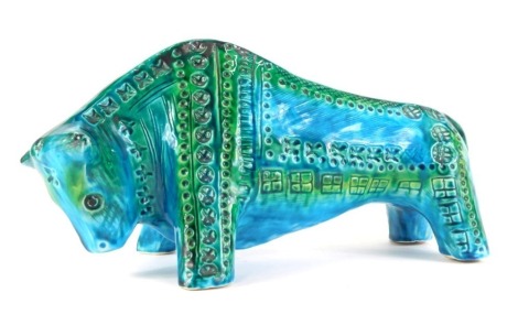 A Jema of Holland Bitossi style bull, in turquoise, signed to underside and stamped 79, 35cm wide.