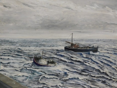 20thC School. Fishing boats in rough seas, oil on board, 45cm x 59cm, framed.