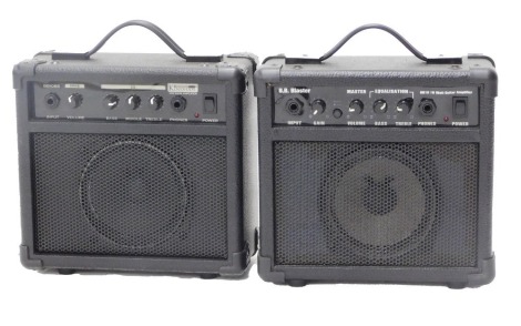 Two small portable B.B.Blaster guitar amplifiers.