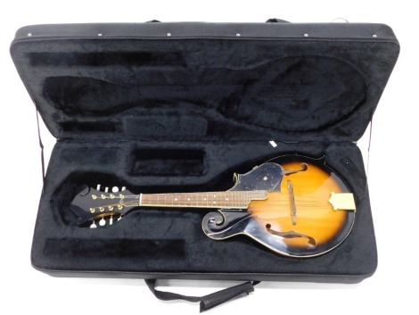 A mandolin, no maker, in fitted carrying case.