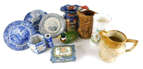 A group of 19thC and later ceramics, comprising an iron stone octagonal jug, blue and white pot puree vase, in Michael Caugant duck jar and cover, stoneware hunting relief moulded jug, blue and white wares, etc. (1 tray)