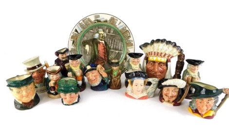 A Royal Doulton The Book Worm cabinet plate, North American Indian large character jug, Porthos medium character jug, Honest Measure medium character jug, Happy John, Pied Piper, Old Salt, and others, and a small group of unmarked character jugs. (1 tray)