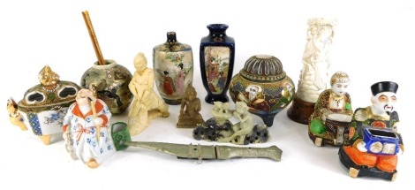 A group of Oriental ceramics, comprising a Satsuma ware vase, 7cm high, a smaller example 13cm high, modern Japanese wares, a bone carving of semi nude female, miniature presentation dagger, etc. (1 tray)