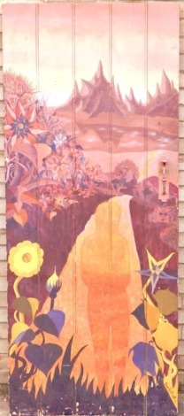 A painted pine door, with decoration of female in pink floral landscape signed Jens Vostbirk 73, son of the diplomat Lars Dankh, 109cm high.