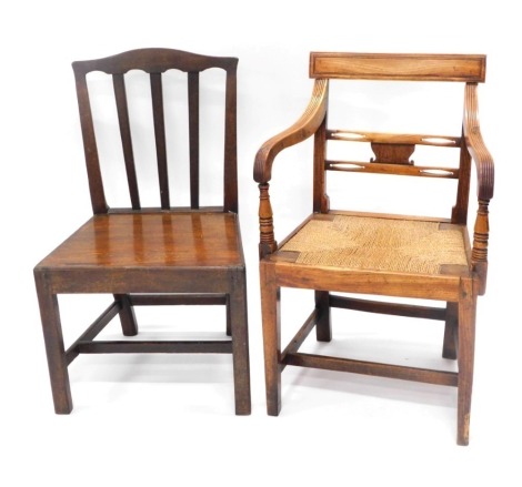 Two 19thC chairs, comprising an fruitwood framed and reeded elbow chair with rush seat, and a late 19thC mahogany side chair. (2)