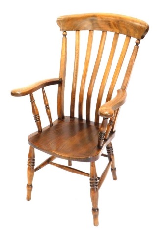 A 19thC beech, ash and elm lath back open armchair, with spindled turned arm supports, turned legs and H stretcher.