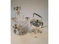 A Mappin and Webb spirit kettle on stand with burner
