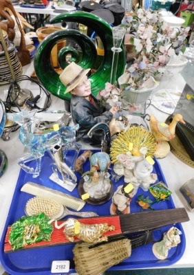 Decorative china and effects, animal ornaments, floral group, candle stand, green swirl, etc. (1 tray and a quantity)