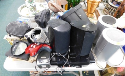 Various electronics, to include speakers, Polaroid CD player, Mikomi speakers, cameras, cased binoculars, etc. (a quantity)