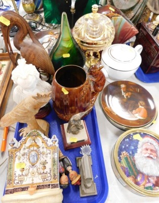 A Faience ware interior scene plaque, acorn squirrel jug, collectors plates, tins, teapot, etc. (1 tray and a quantity)