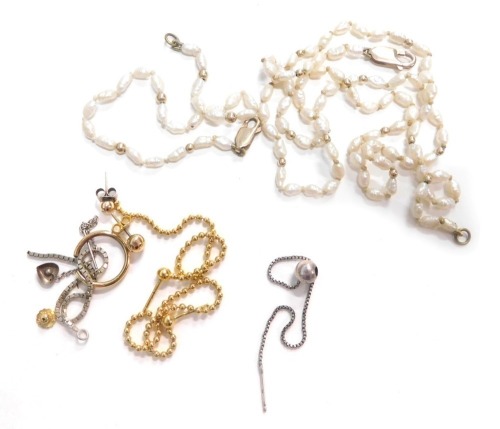 A group of assorted scrap jewellery, to include 9ct gold drop earrings, cultured pearl necklace and bracelet with 9ct gold clasp, pair of gold stud earrings, single gold hoop and small group of silver jewellery, weighable yellow metal items 3.4g all in.