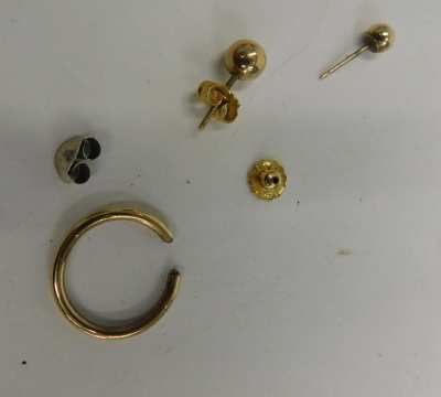 A group of assorted scrap jewellery, to include 9ct gold drop earrings, cultured pearl necklace and bracelet with 9ct gold clasp, pair of gold stud earrings, single gold hoop and small group of silver jewellery, weighable yellow metal items 3.4g all in. - 2