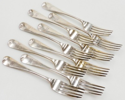 A set of nine Victorian silver Old English pattern table forks, monogram engraved, Goldsmiths Alliance Ltd, London 1869, 21.84oz. - 3