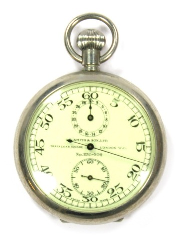 A S Smith & Sons of Trafalgar Square London racing stop watch, in a stainless steel case, with bevel wind, No 250-502, inner case bearing inscription 'G. Phillips from the MG Car Co. Ltd., commemorative 100mph MG Midget, February 1931,' boxed.