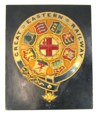 A Great Eastern Railway plaque, on a black painted board.