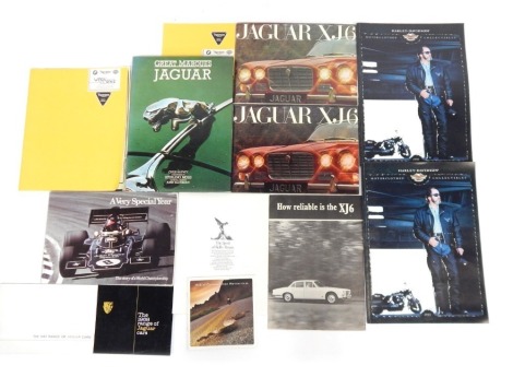 Jaguar Interest. Two Jaguar SJ6 promotional magazines, a Story of the World Championship Very Special Year guide, dated 1972, a Triumph Windy Corner 1994 programme guide, Great Marks Jaguar by Chris Harvey, Harley Davidson Collectable brochure for 1995, v