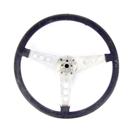 An English Wheels steering wheel, stamped LL, 37cm wide, with chrome centre and leather rug.