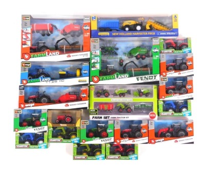 Burago Teamsters and New Ray diecast farm vehicles, including Burago Massey Ferguson 8740 and baler, Burago Massey Ferguson 8740S, Burago Farmland Fendt 1050 Vario, Massey Ferguson 8740S, etc., boxed. (a quantity)