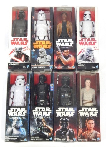 Hasbro Disney Star Wars figures, boxed, comprising Clone Trooper, two Imperial Stormtroopers, Kylo Ren, Death Trooper, Finn (Jakku), Rey (Jakku), The First Order Fighter Pilot, and First order Stormtrooper. (8)