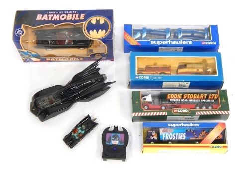 A Corgi diecast 1960's DC Comics Batmobile, scale 1:24, boxed, together with a further Batmobile 2000, a Batman Communicator, and a further earlier diecast Batmobile, Batman lacking, together with a Corgi diecast Eddie Stobart limited Volvo curtainside tr