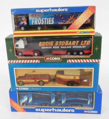 A Corgi diecast 1960's DC Comics Batmobile, scale 1:24, boxed, together with a further Batmobile 2000, a Batman Communicator, and a further earlier diecast Batmobile, Batman lacking, together with a Corgi diecast Eddie Stobart limited Volvo curtainside tr - 2