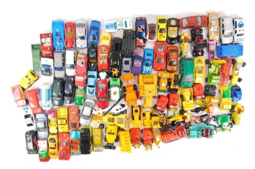 Matchbox and other playworn diecast, including Matchbox Superkings K5 Muir Hill tractor and trailer, Matchbox caterpillar D9 tractor, Hot Wheels Porsche 917 LH, Matchbox Superkings F1 car, etc. (2 trays)