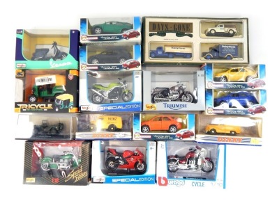 Burago Dinky by Matchbox Maisto and other diecast vehicles, including Maisto Triumph Speed Triple, Maisto Triumph Dayton 675, Dinky 1950 Ford E83W 10CWT Heinz 57 Variety van, Jeep CJ2A, etc., boxed. (16)