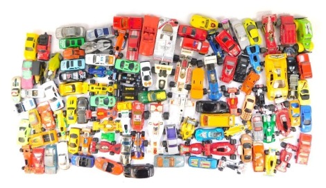 Hotwheels Majorette and Matchbox playworn diecast, including Hotwheels Storm Chaser truck, Matchbox Speed Kings K44 Surtees Formula 1, Corgi Shadow Ford DN1A, Matchbox Specials Kremer Porsche GKS, Lamborghini Countach, etc. (2 trays)