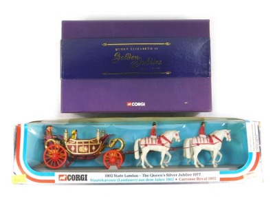 Corgi The Queen's Silver Jubilee 1977 1902 State Landau, and Queen Elizabeth II Golden Jubilee CC25903 gold plated Route Master bus, boxed. (2)