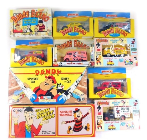 Days Gone and Corgi The Dandy and Beano diecast, including 73011 1955 VW combi van Biffo the Bear, 63014 1950s Bedford 30CWT delivery van Bash Street Kids, 59023 1950 Bedford 30CWT truck Dennis the Menace, etc. (10)