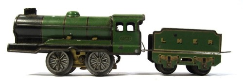 A tinplate locomotive and tender, 0-4-0 490 LNER green livery.