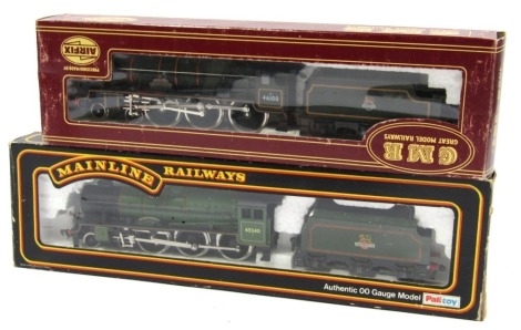 Mainline and Airfix OO gauge locomotives, including 4-6-0 rebuild Patriot class 6B locomotive in BR Apple Green, and 4-6-0 Royal Scot Class Royal Scott 46100 in BR Lined Green, boxed. (2)