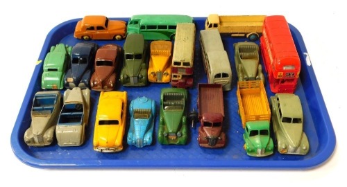 Various Dinky Toys diecast vehicles, Hillman Minx, 4cm high, various buses, Dodge green and yellow truck, Esso Safety Group advertising double decker bus, etc. (a quantity, unboxed, playworn)