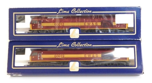 Lima Models OO gauge Class 60 diesel locomotives, comprising 60019 EWS livery and 60012 EWS livery, boxed. (2)