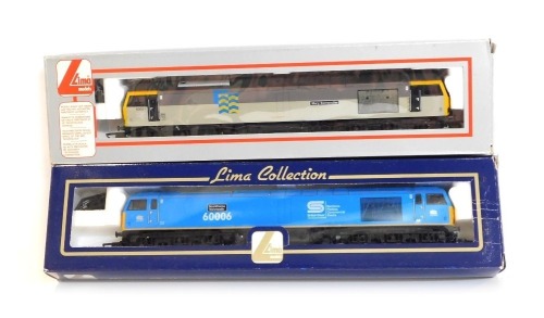 Lima Models OO gauge Class 60 locomotives, comprising 60006 Scunthorpe Iron Master British Steel EWS livery and 60051 Mary Somerville BR Petroleum grey livery, boxed. (2)