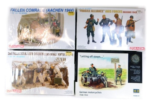 A group of model kits, comprising Dragon MB 1;35 Fallschirmjager, Fragile Alliance, Fallen Comrade and NB German Motorcyclists. (4)