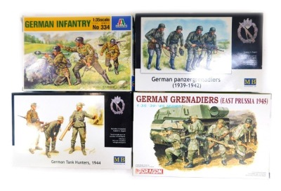 A group of model kits, comprising Dragon German Grenadiers, MB German Tank hunters 1944, German Panzergrenadiers and Italeri German Infantry number 334.