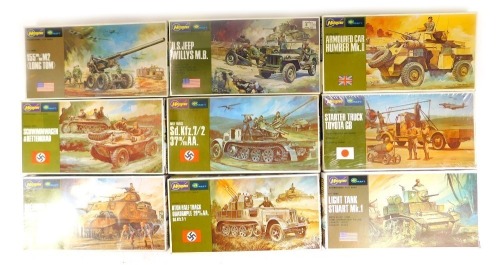 Nine Hasegawa model kits, comprising light tank Stewart MK.1, German Army eight tonne half track quadruple, British Army medium tank M3 Grant MK.1, German Army half track SD.KFZ.7/2 37M/MAA, US Jeep Willys M.B. US Army 155 M/M M2 Long Tom, Japanese Army S