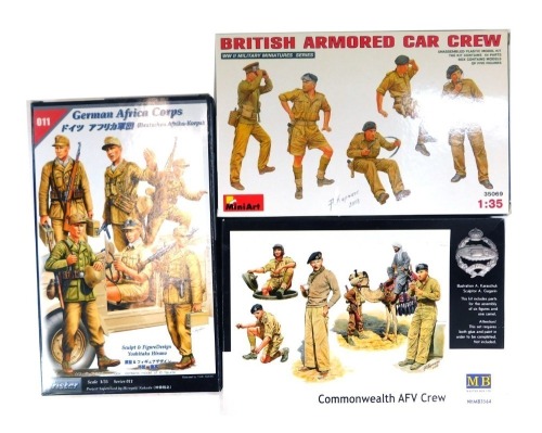 Three model kits, comprising MB Commonwealth AFV Crew, Tristar German African Corps, and Mini Art British Armoured Car Crew.