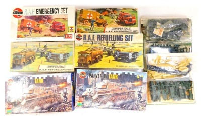 Various Airfix model kits, comprising RAF Refueling set (2), RAF Emergency set (2), Panzer IV tank (2), Matador and Gun, half track M3, Panther Tack and Matador and 5.5" gun.