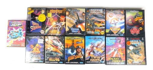 Thirteen Sega Mega Drive games, comprising Battle Squadron, Warp Speed, Xenon 2 Mega Blast, Thunder Force IV, Steel Empire, Tank Force Harrier EX, Galaxy Force II, Thunder Force II, Bio Hazard Battle, Twin Hawk, 0 Wing, Hellfire and Fire Shark.