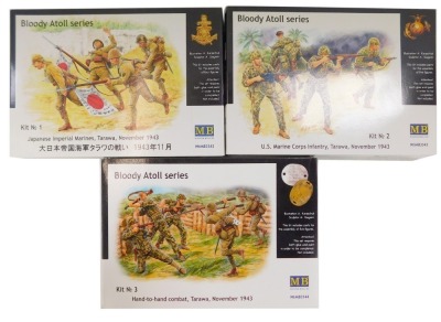 Three MB model kits, from the Bloody Atol Series, kit number 1-3, Japanese Imperial Marines, US Marine Corps Infantry and Hand to Hand Combat.